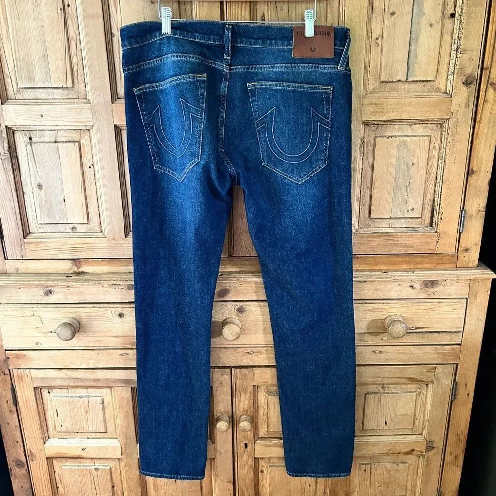 True Religion Men's 36 x 33 Rocco Relaxed Skinny Jeans Dark Wash Blue Denim Slim